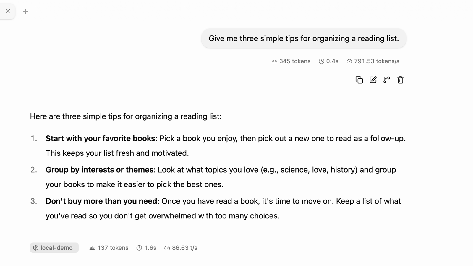 llama.cpp chat answers a prompt asking for three ways to organize a reading list.