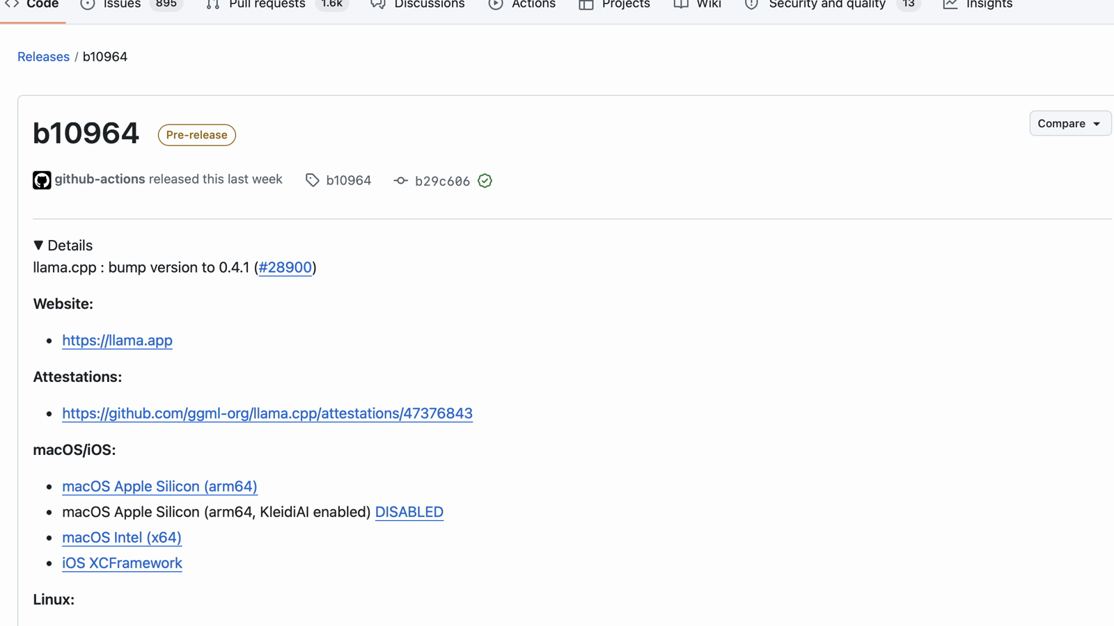 The official llama.cpp release page with platform-specific download links.