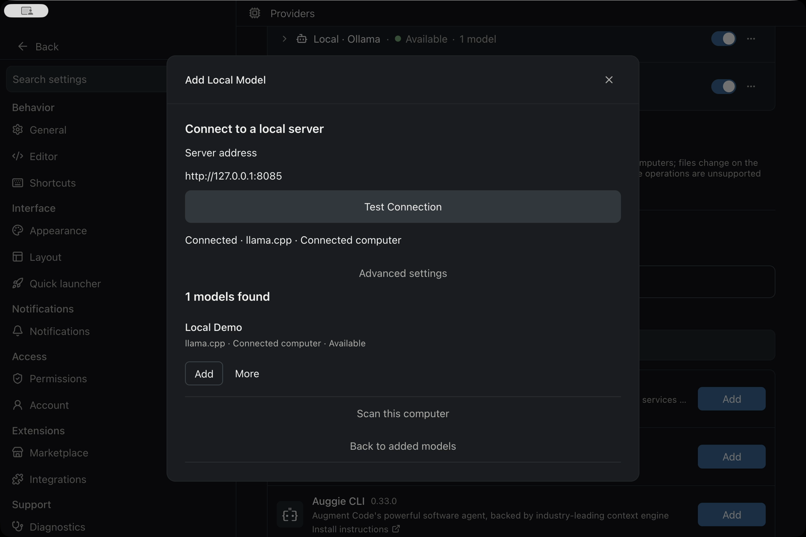 Full Lyre window with a successful manual connection to llama.cpp on port 8085 and Local Demo ready to add.