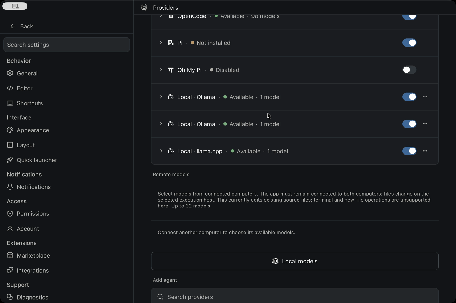 Full Lyre window showing Providers settings and the Local models button.