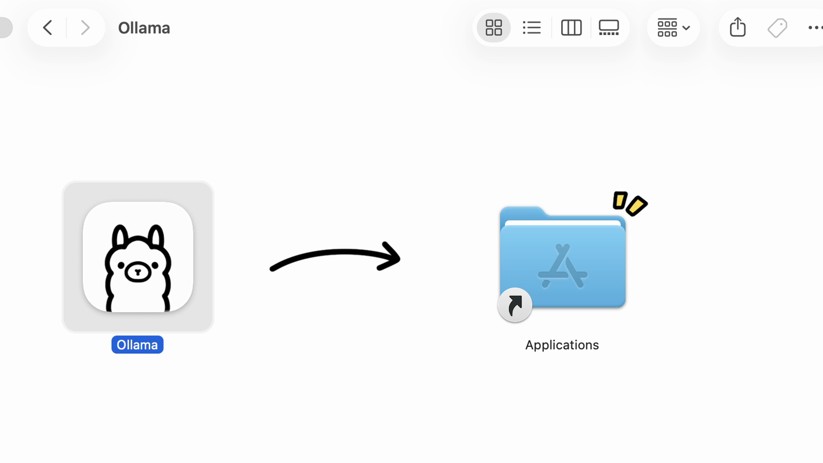 Ollama selected beside the Applications shortcut in its macOS installer.