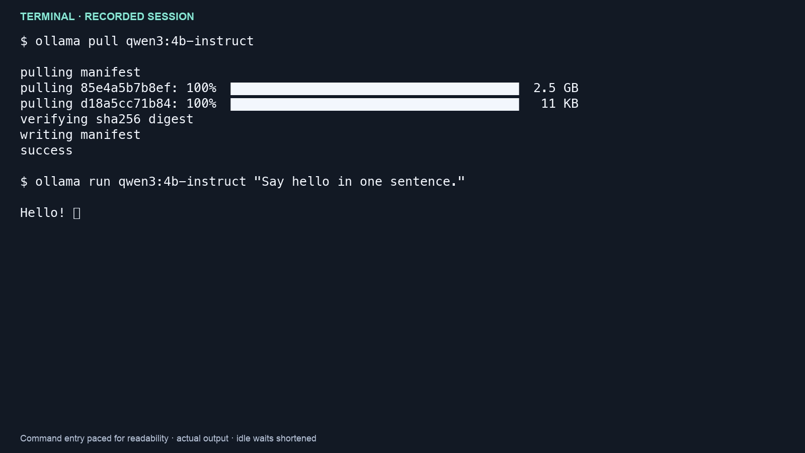 Recorded terminal output shows a successful Qwen3 download and a Hello response from the local model.