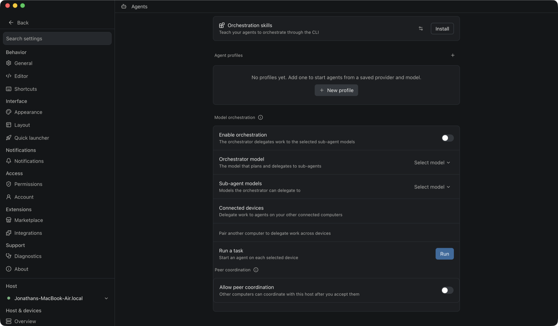 Lyre settings showing the Agents page with the Model orchestration section, including Enable orchestration, Orchestrator model, Sub-agent models and Connected devices.