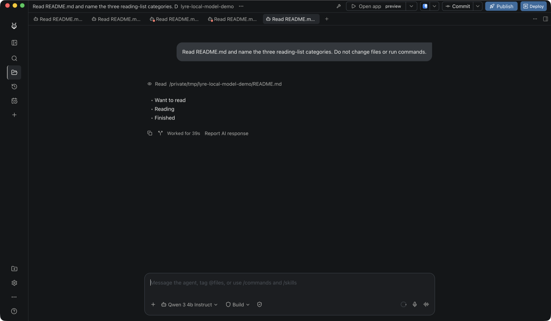 A Lyre workspace with several agent tabs, a completed agent run that read a file and returned a result, and controls to open the app preview.