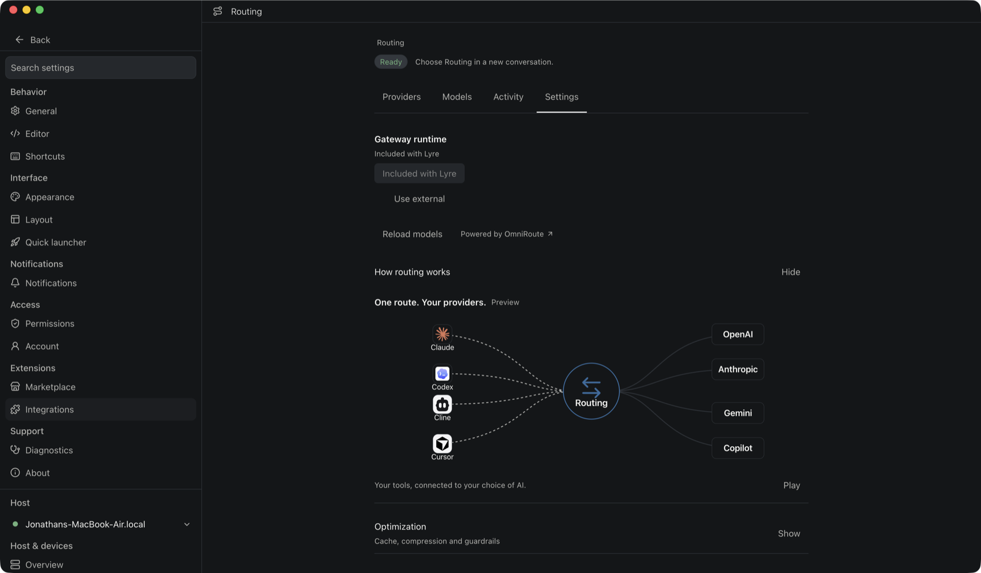 The Routing Settings tab showing the Gateway runtime choice, a Reload models action, a Powered by OmniRoute link, and the expanded How routing works guide.