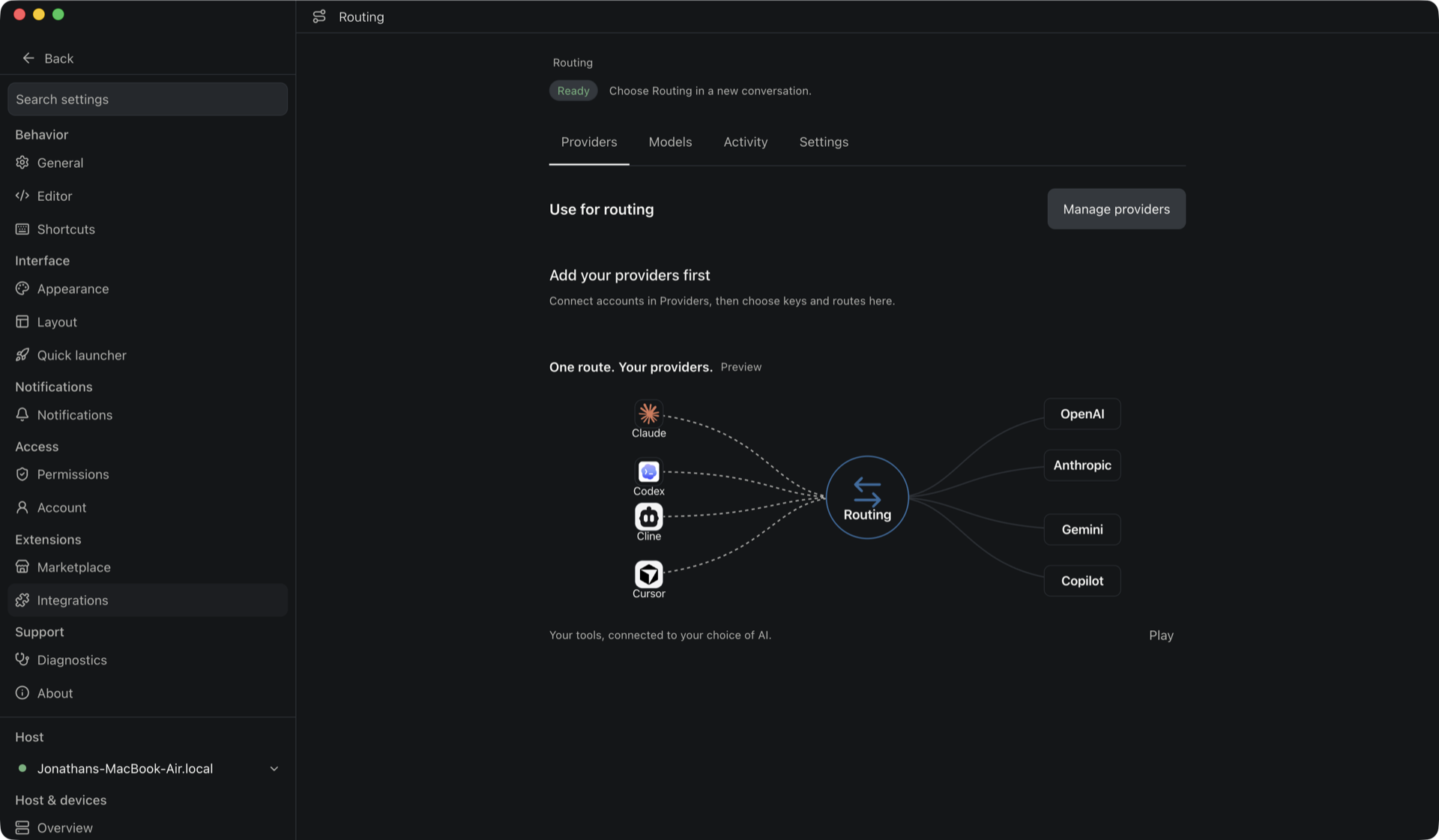 The Lyre Routing page showing a Ready status, the Providers, Models, Activity and Settings tabs, and a preview diagram connecting coding tools through Routing to providers.