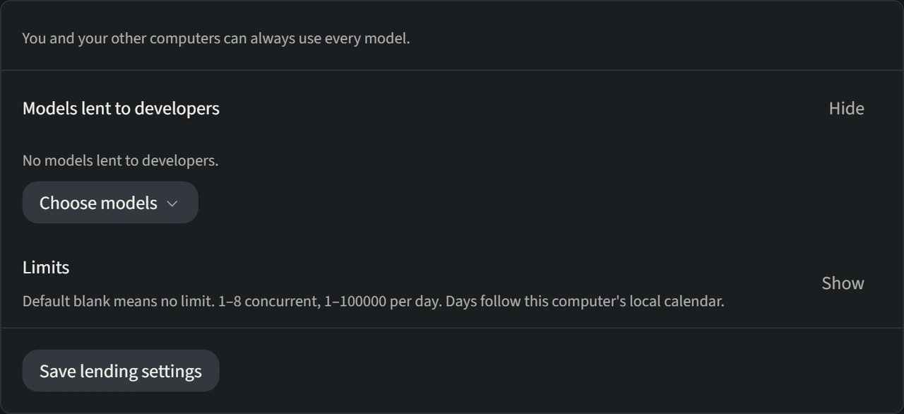 Lyre model lending settings, with models lent to developers, model selection and lending limits.