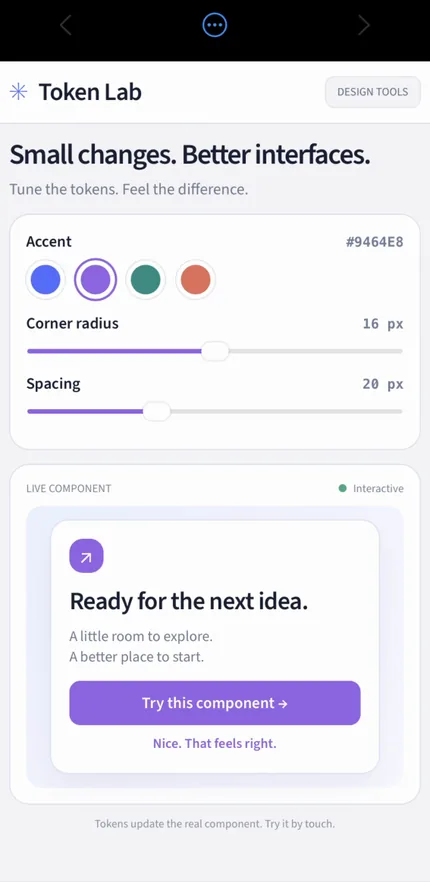 Token Lab tool running as a live preview on a paired phone.