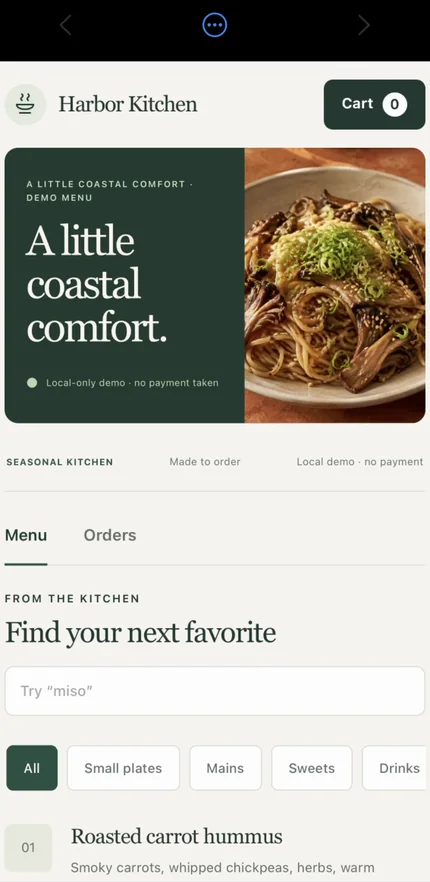 The same Harbor Kitchen app running as a live preview on a paired phone.