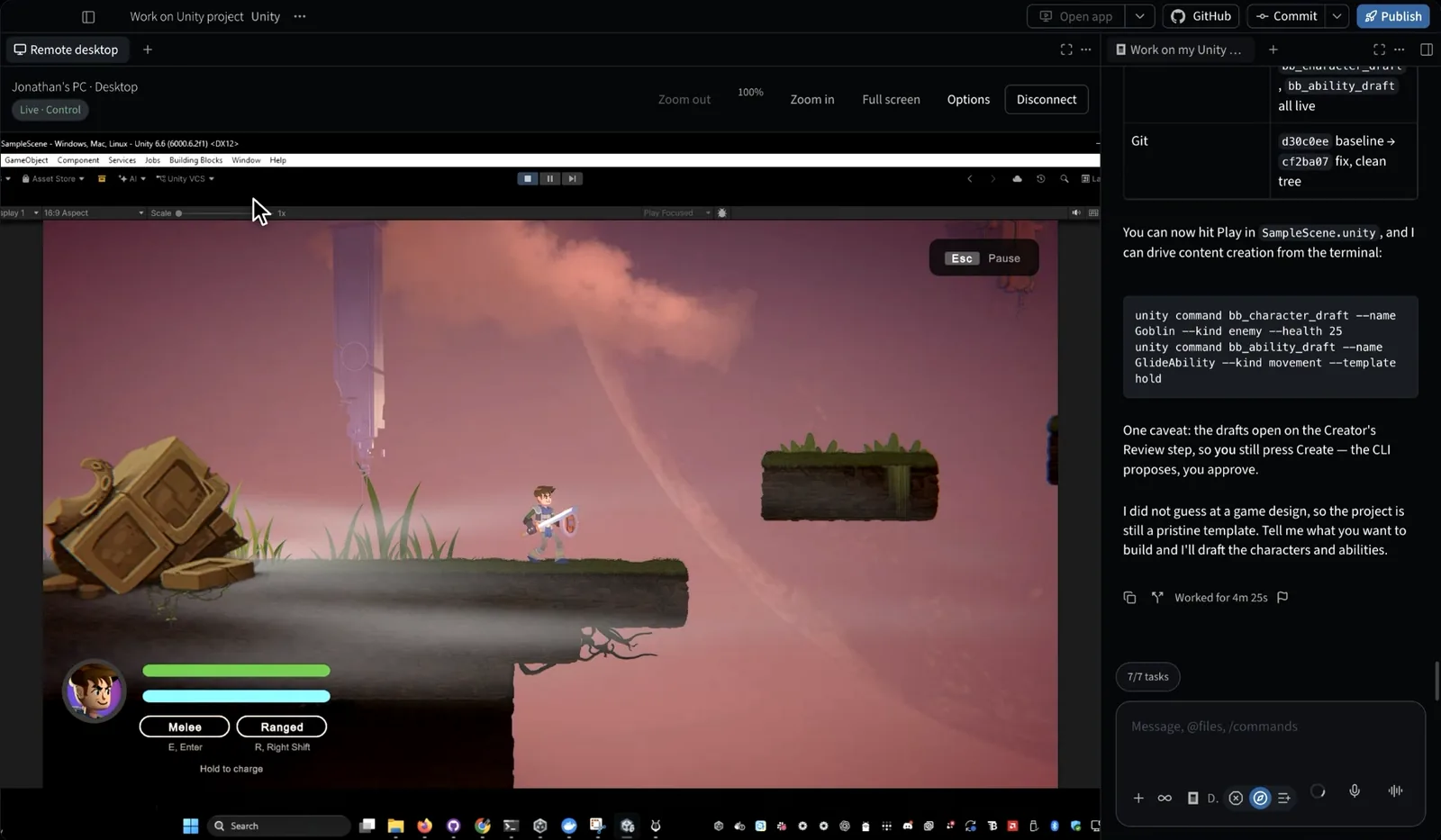 Lyre's Remote desktop tab showing Unity running a 2D platformer on a Windows PC, marked Live · Control, beside the agent conversation that set up the Unity project.