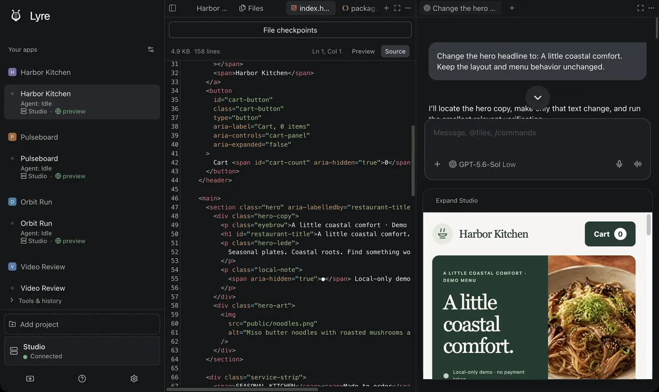 Lyre Studio source editor showing index.html with the file-checkpoint bar above it.