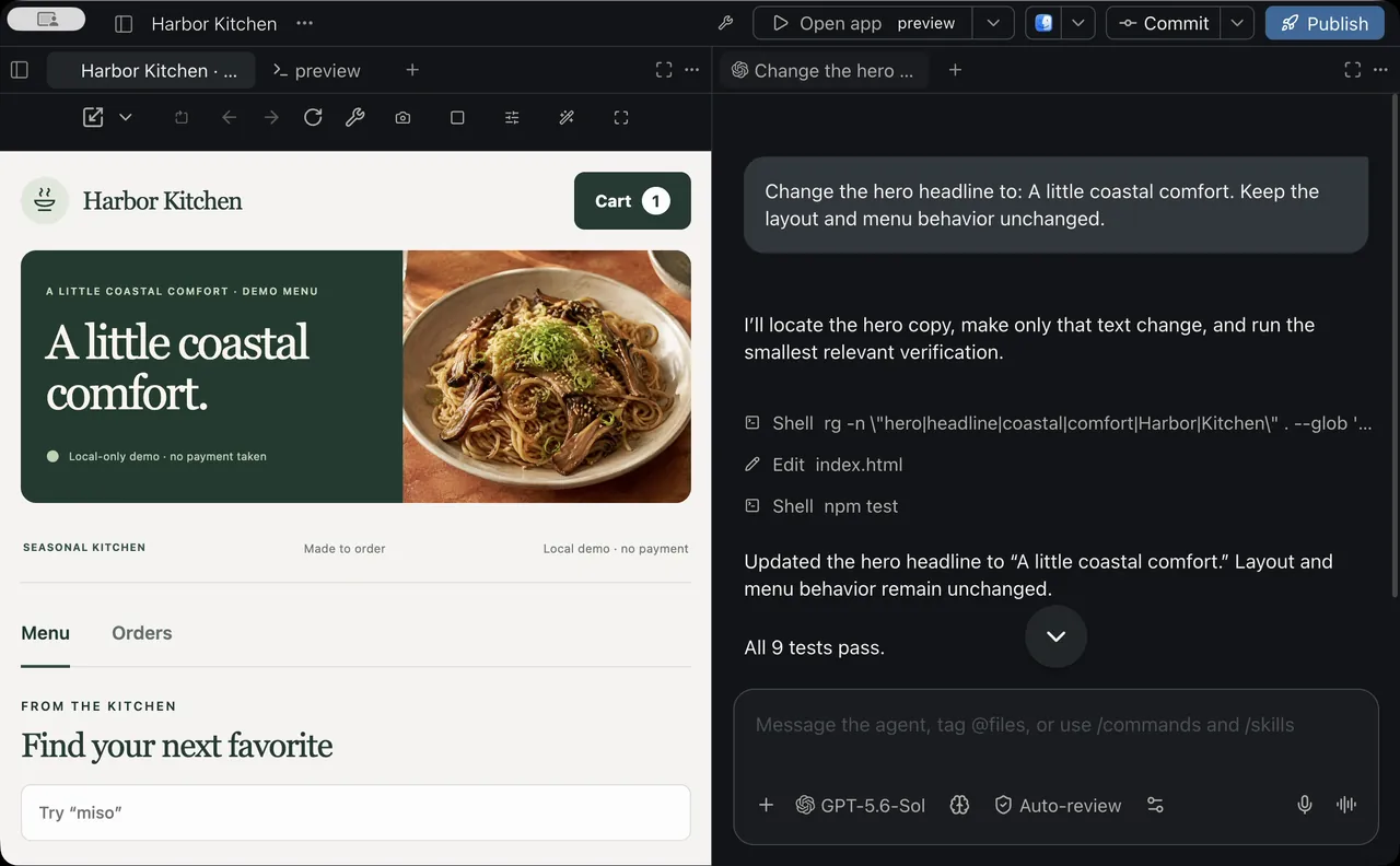 Lyre Studio on the desktop: the Harbor Kitchen live preview beside the agent conversation that changed its headline and ran the tests.