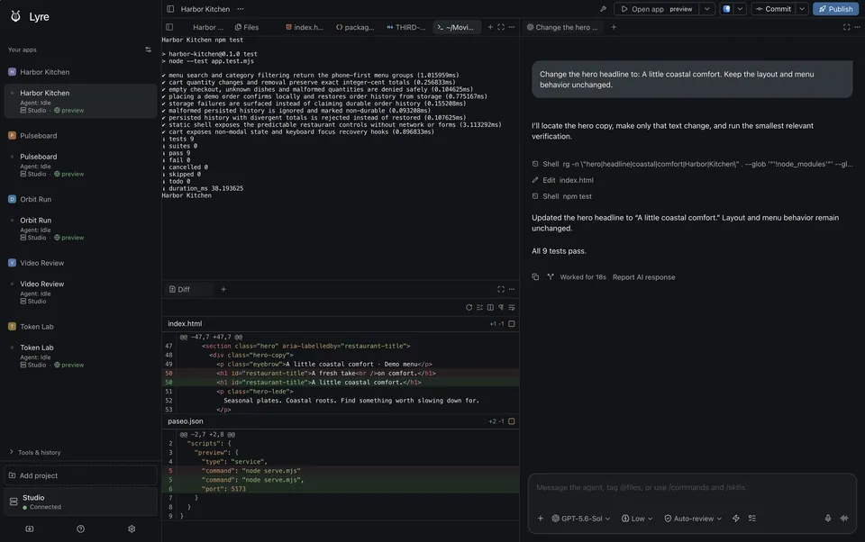 Lyre Studio terminal printing nine passing project tests above a Git diff.
