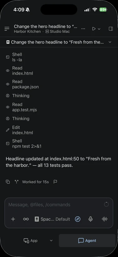 Lyre on iPhone: the Harbor Kitchen agent conversation with a headline edit and 13 passing tests, above the App and Agent navigation.