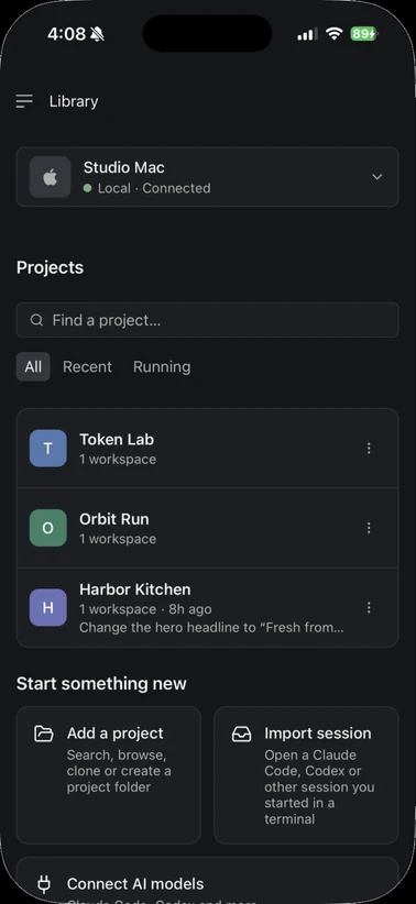Lyre on iPhone: Library connected to Studio Mac, listing Token Lab, Orbit Run and Harbor Kitchen, with Add a project and Import session actions.